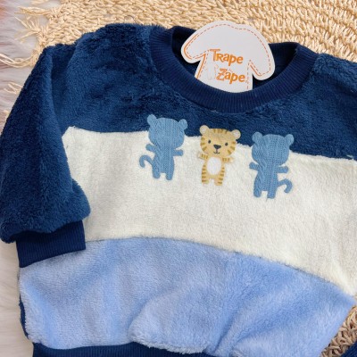 Conj. Casaco Tigre Baby e Calça de Pelinho - Marinho e Azul Jeans